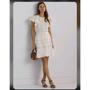 New Lauren Ralph Lauren Women's White Lace Trim Flutter Sleeve  Dress Size XXL